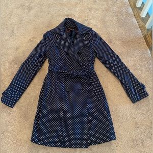 Navy blue/white polka dot London Fog trench coat.